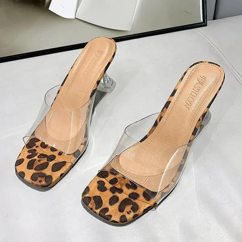 

Сандалии женские прозрачные с леопардовым принтом, босоножки на высоком каблуке с открытым носком, большие размеры 34-42