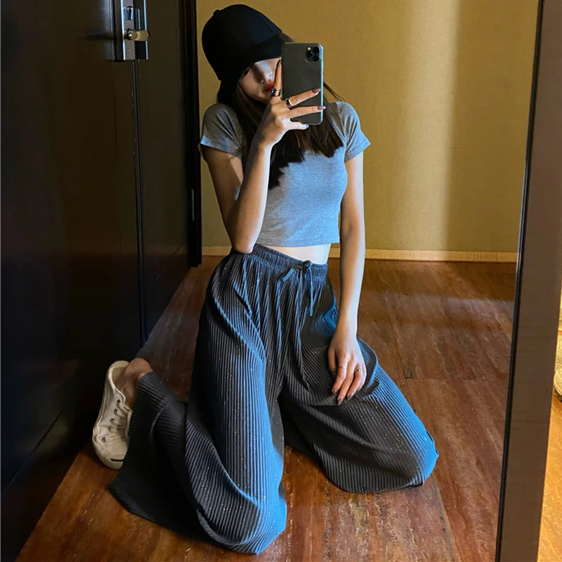 

Autumn Summer Thin Section Chiffon Pleated Wide Leg Pants Women Elastic High Waist Large Size Loose Trousers Thin Party Pants