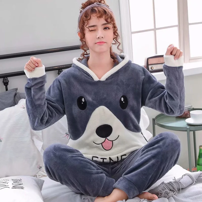 

Autumn and Winter Women Pyjamas Sets Thick Warm Coral Velvet Suit Flannel Long Sleeve Female Cartoon Bear Animal Pants Sleepwear