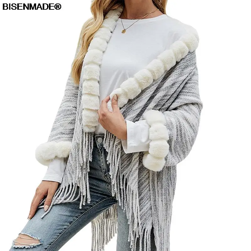 

Autumn Winter Clothes Women Sweaters 2021 New Jumper Europe Tassel Cloak Shawl Female Fur Collar Cardigan
