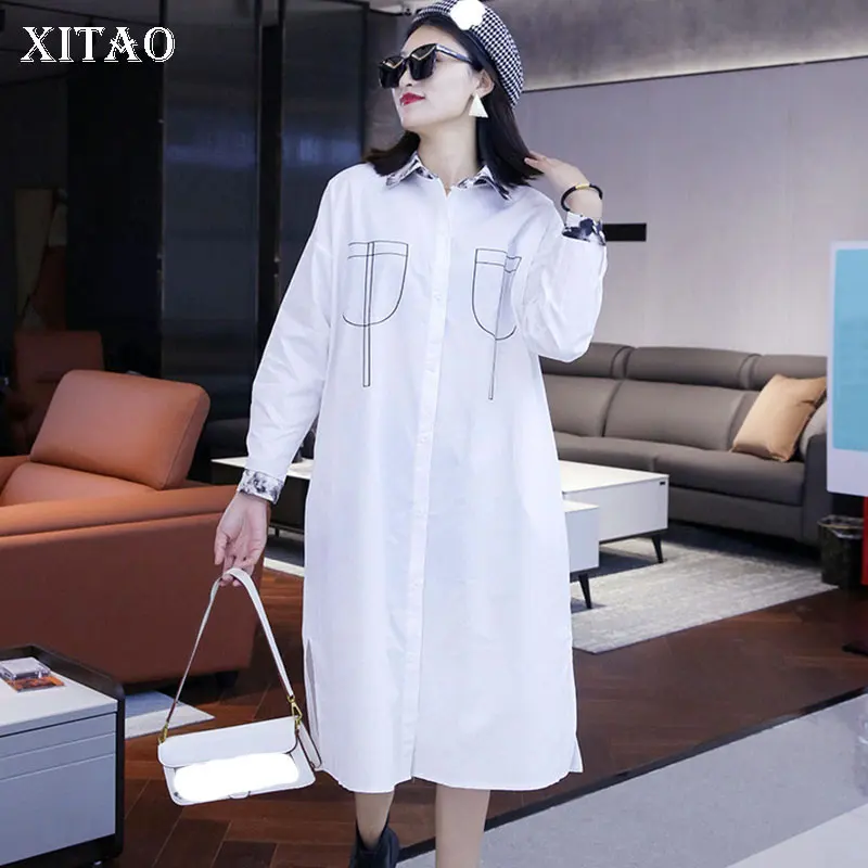 

XITAO Simplicity Single Breasted Dresses Fashion Casual Turn Down Collar Long Sleeve Large Size Loose Mid-length WMD4389