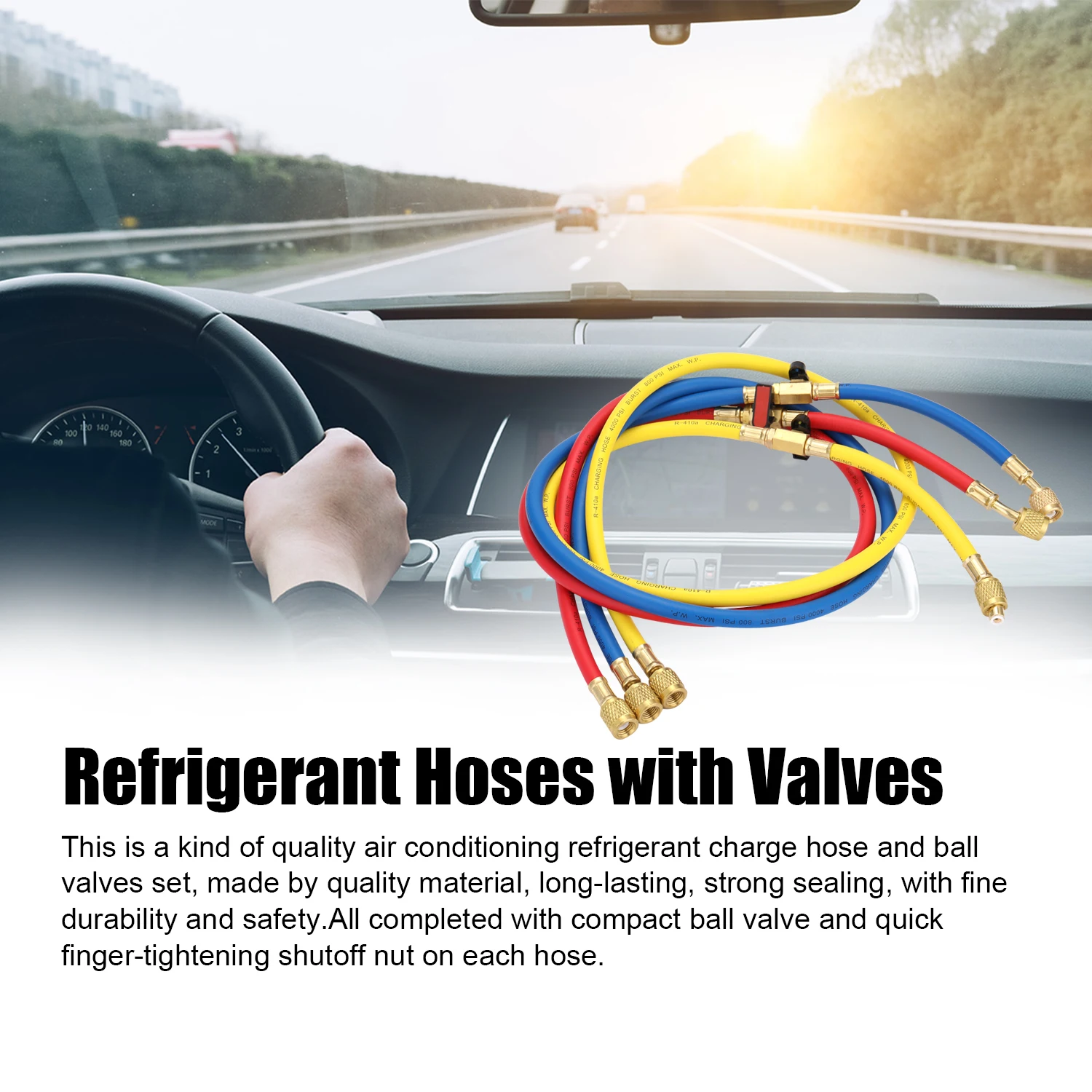 

R410A Air Conditioning Refrigerant Adding Hose 50''/1.27m Long Red/Yellow/Blue Tubes with Shutoff Ball Valves