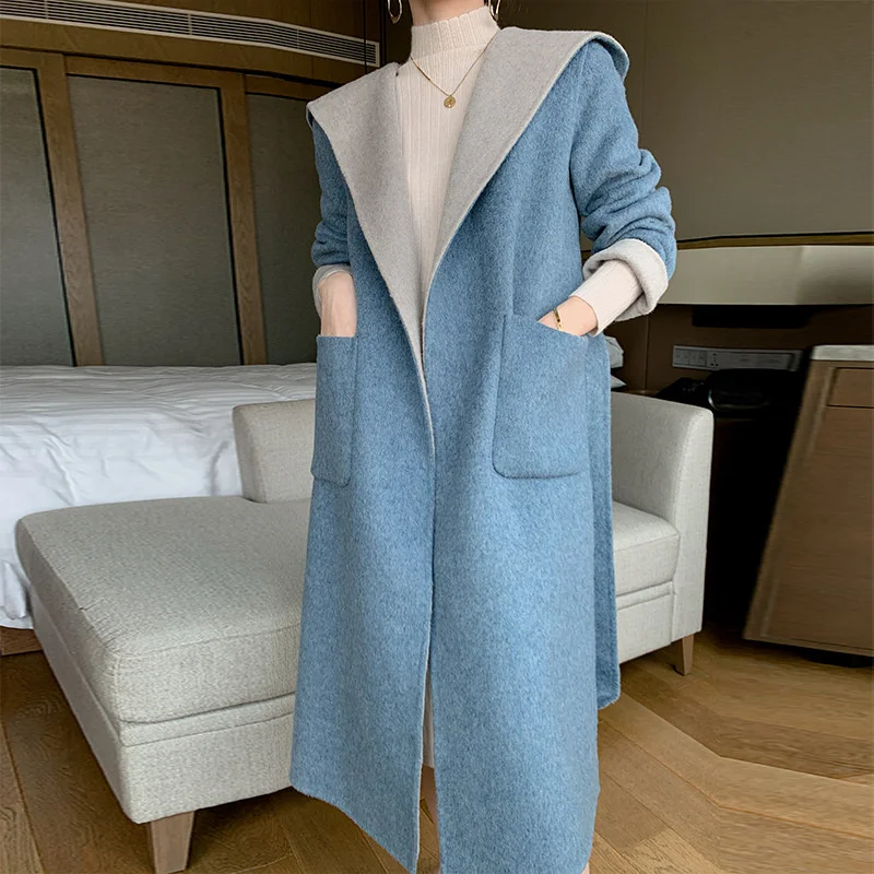 

New Winter Double Face 100% Australian Wool Overcoat Women's Korean Style Loose Hooded Belt Woolen Coat