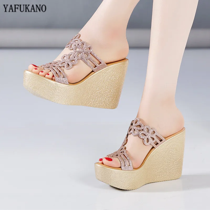 

Summer Wedge Women Slippers Rhinestone Genuine Leather Platform High Heels Wedding Party Outside Peep Toe Slides Plus Size 33 41