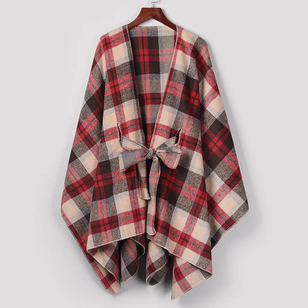 Куртка женская Асимметричная с поясом модный бандажный клетчатый кардиган