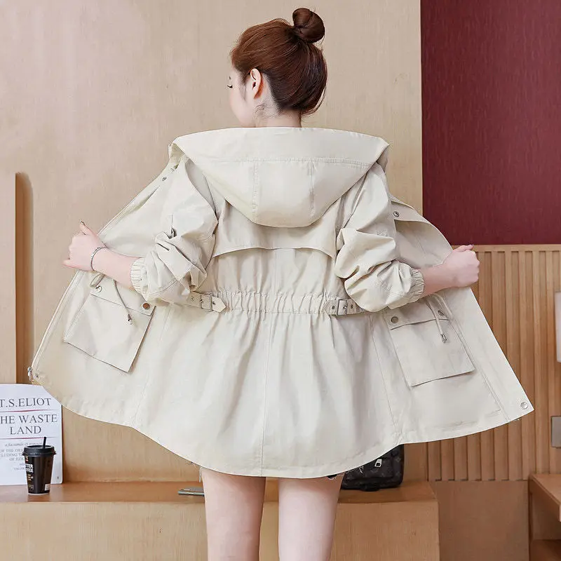 

Trench Coat Women's Mid-length Korean Chic 2020 Spring and Autumn New Loose Tooling Solid Color Hooded Drawstring Outerwear R399