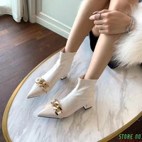 patent leather pointed toe women ankle boots metal chain design back zipper sock boots autumn party short boots mid heeled