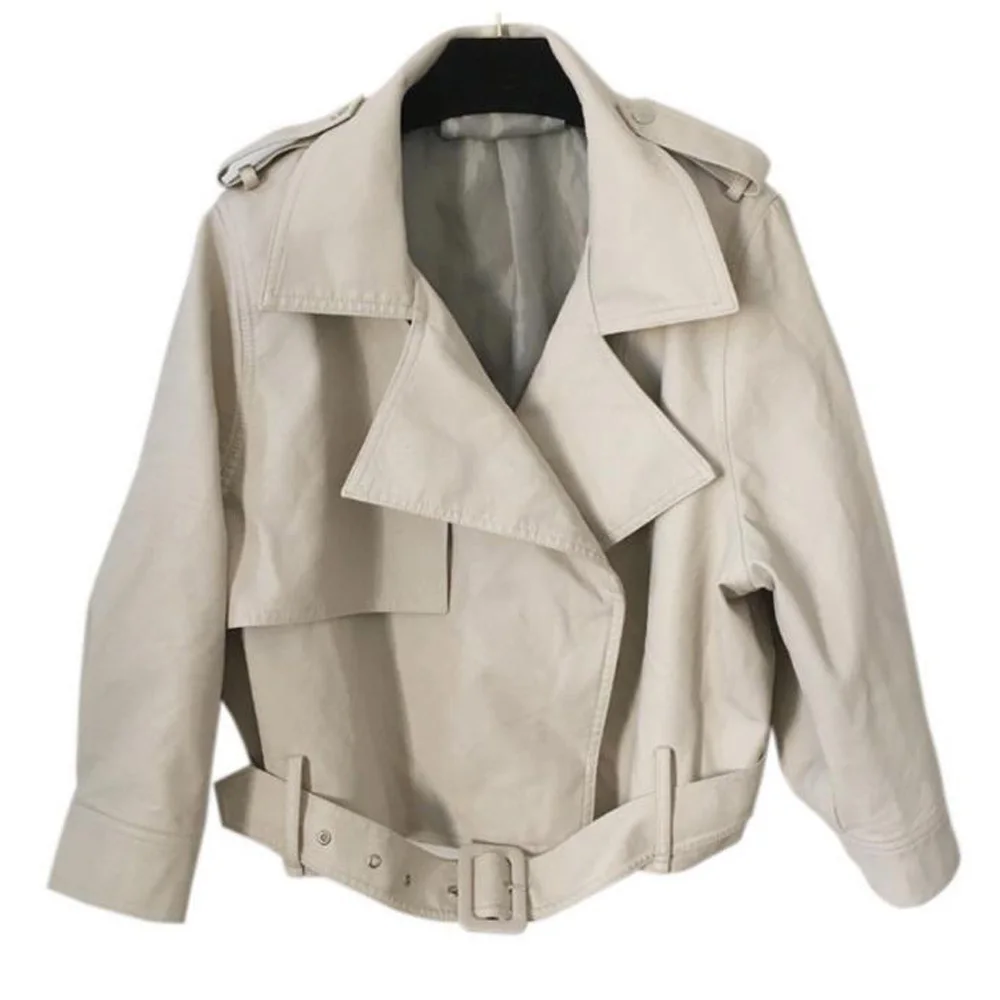 Women Faux Leather Jacket Camouflage Coat Loose Motor Style Oversized Female Gothic Turn-down Collar Biker With Belt | Женская одежда