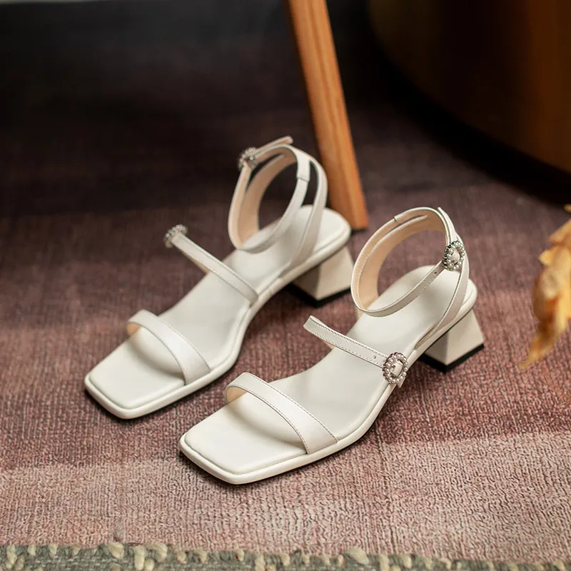 

MoonMeek 2021 New Arrive Genuine Leather Sandals Women Shoes Buckle Comfortable Square Heel Casual Shoes Women Sandals Wine Red