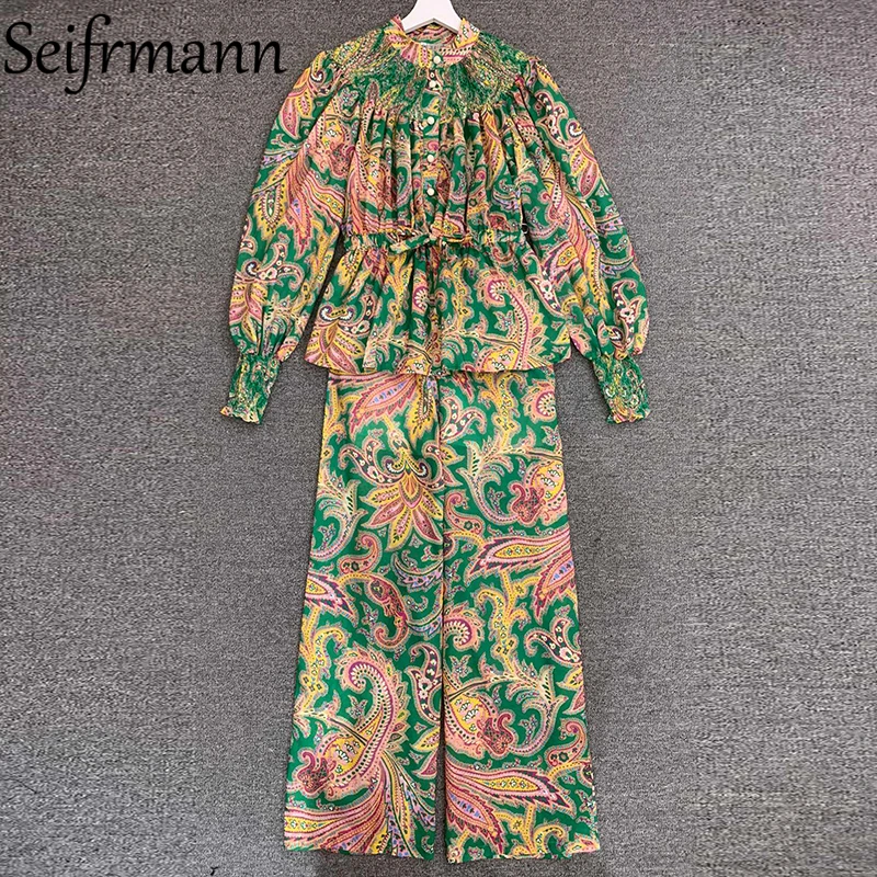 

Seifrmann, новинка 2021, Осенний женский модный дизайнерский комплект брюк, топ с рукавами-фонариками и поясом + винтажные длинные брюки с высокой ...
