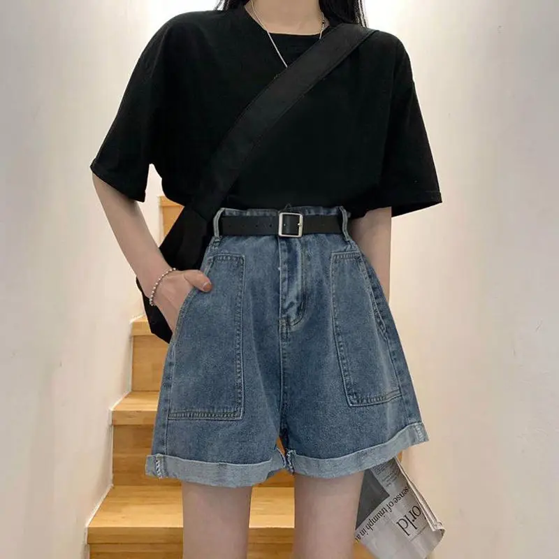

Summer Korean version ins retro loose High Waist Wide Leg Denim Shorts for women