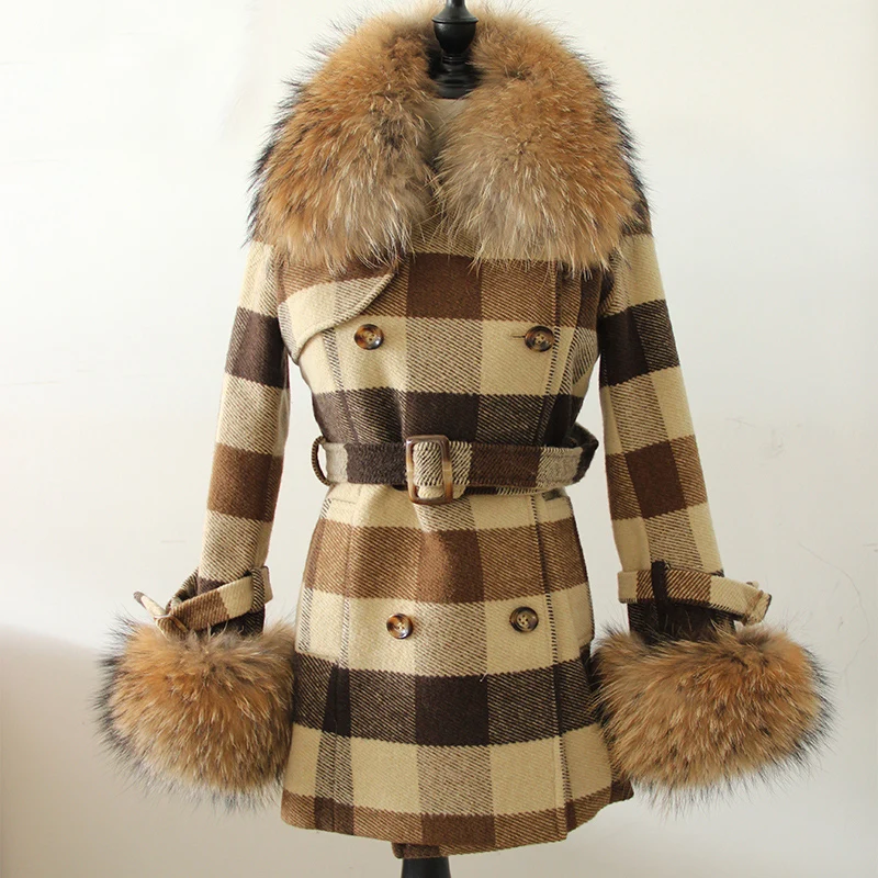 

Spring Autumn Women Wool Blend Trench Coat Real Raccoon Fur Collar Casual Long Outerwear Plaid Double Breasted British Style