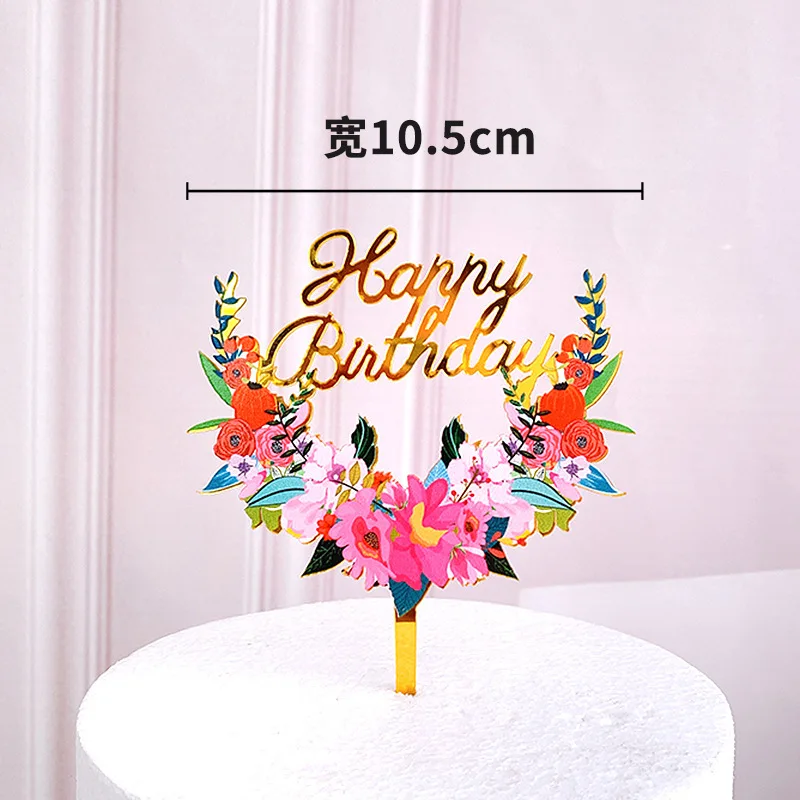

New Rose Flowers Happy Birthday Acrylic Cake Toppers Gold Birthday Cake Topper Decor for Wedding Birthday Party Cake Decorations