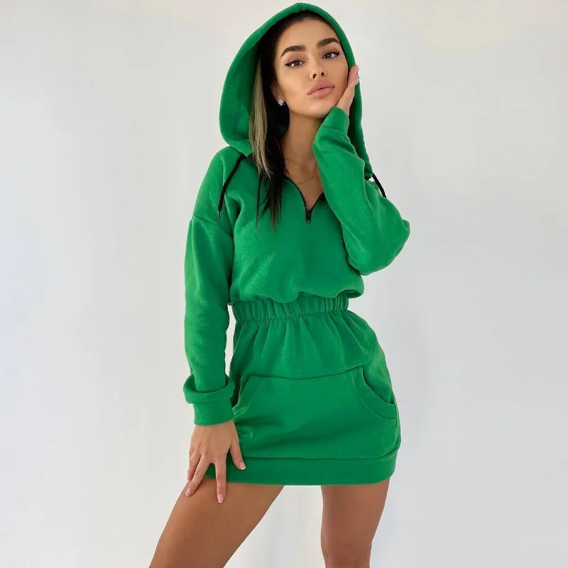 

Autumn Winter Hooded Sweatshirt Dress with Pocket Women 2022 Fashion Long Sleeve Casual A-line Short Dress Female Clothing Black