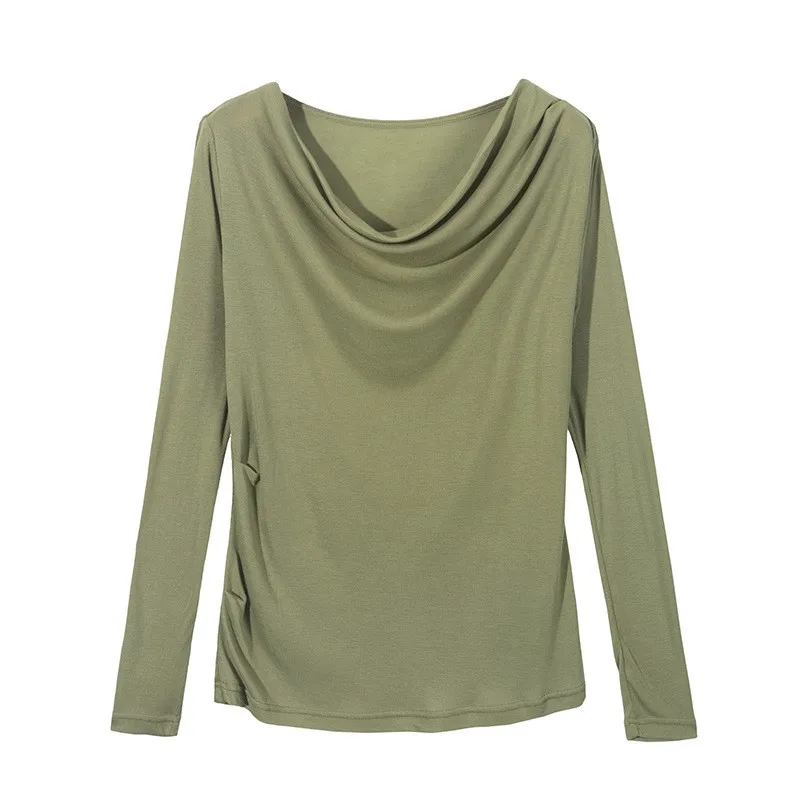 

SuyaDream Women Solid T shirts Draped Neck Long Sleeved Shirts 2020 Autumn Winter Basic Top