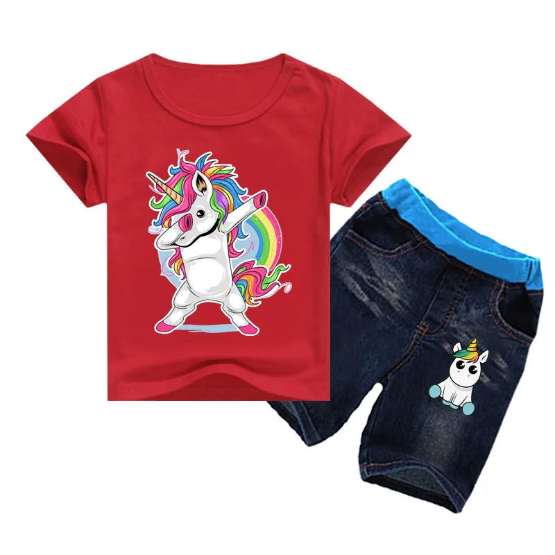 

2-16Y 2021 Summer Boys Clothing Set Cartoon Dabbing Pug Kids Short Sleeve T-shirt and Denim Jeans 2pcs Girls Clothes Sport Suits