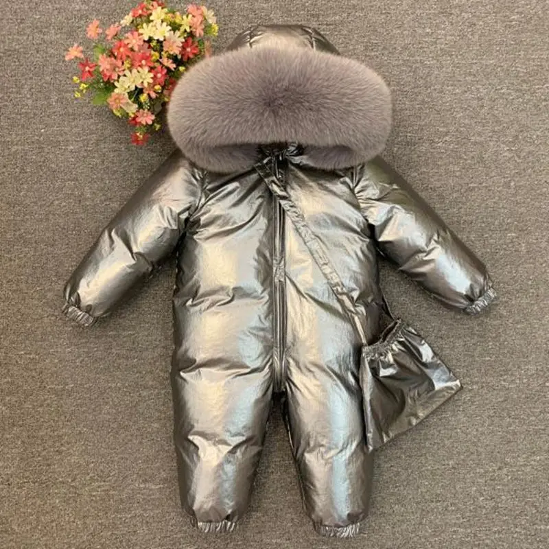 Зимний пуховый комбинезон для новорожденных, комбинезон с плюшевой подкладкой для детей, утепленная теплая верхняя одежда, пальто для маленьких мальчиков и девочек от 0 до 5 лет, зимний комбинезон - Цвет: silvery gray-d
