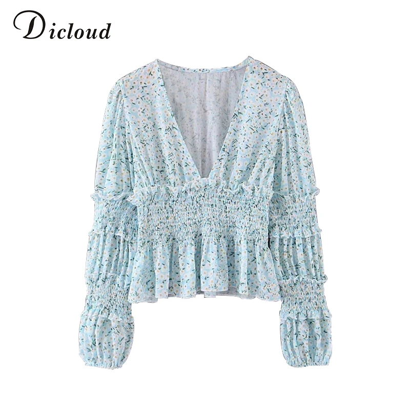 DICLOUD Boho Цветочные женские укороченные блузки с длинным рукавом сексуальный