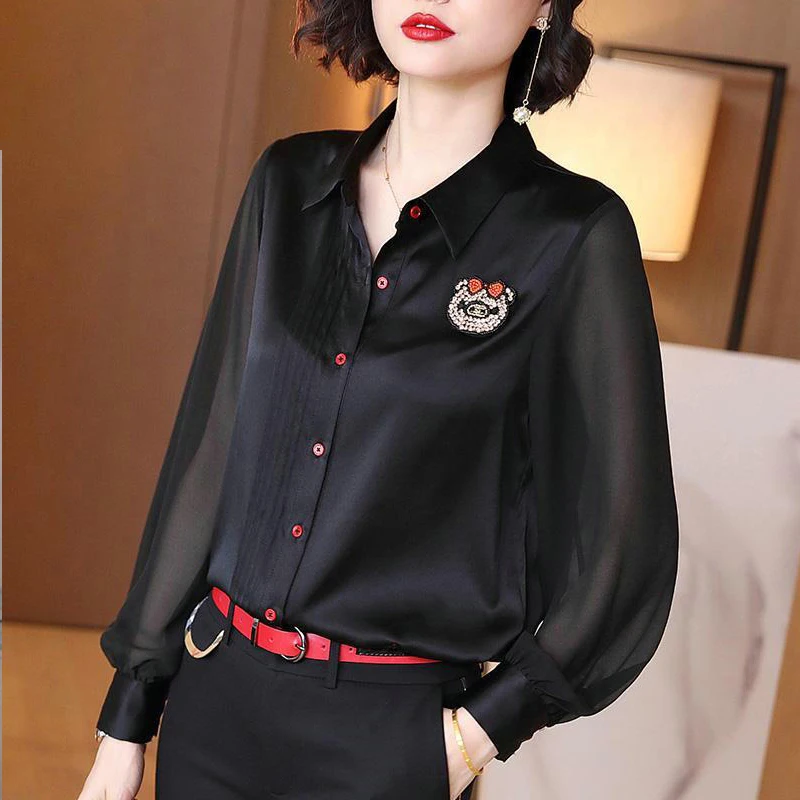 

New Elegant Spring Autumn Chiffon Blouses Long Sleeve Turn-down Collar Single Row Multi Button Loose Shirt Women's Tops