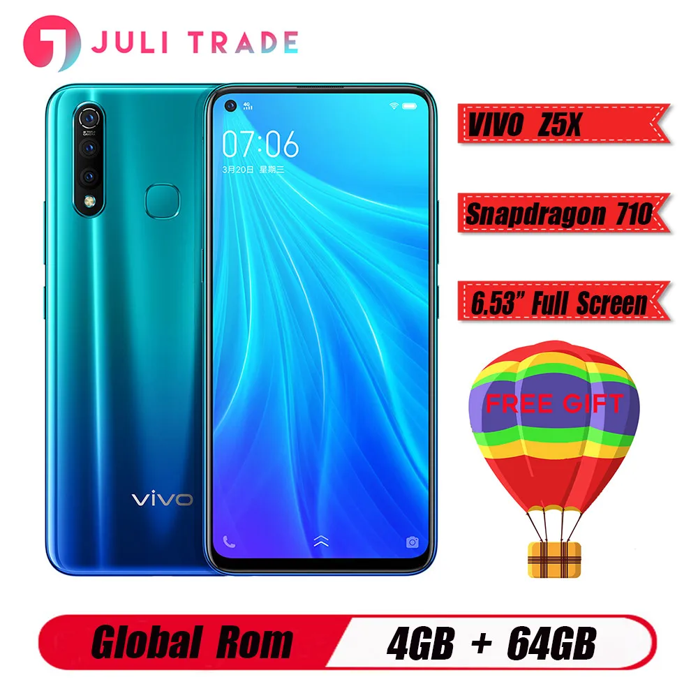 Vivo Z5X 4G LTE мобильный телефон 6,5" экран Восьмиядерный Snapdragon 710 4G 64G Android 9 5000 мАч большая батарея смартфон