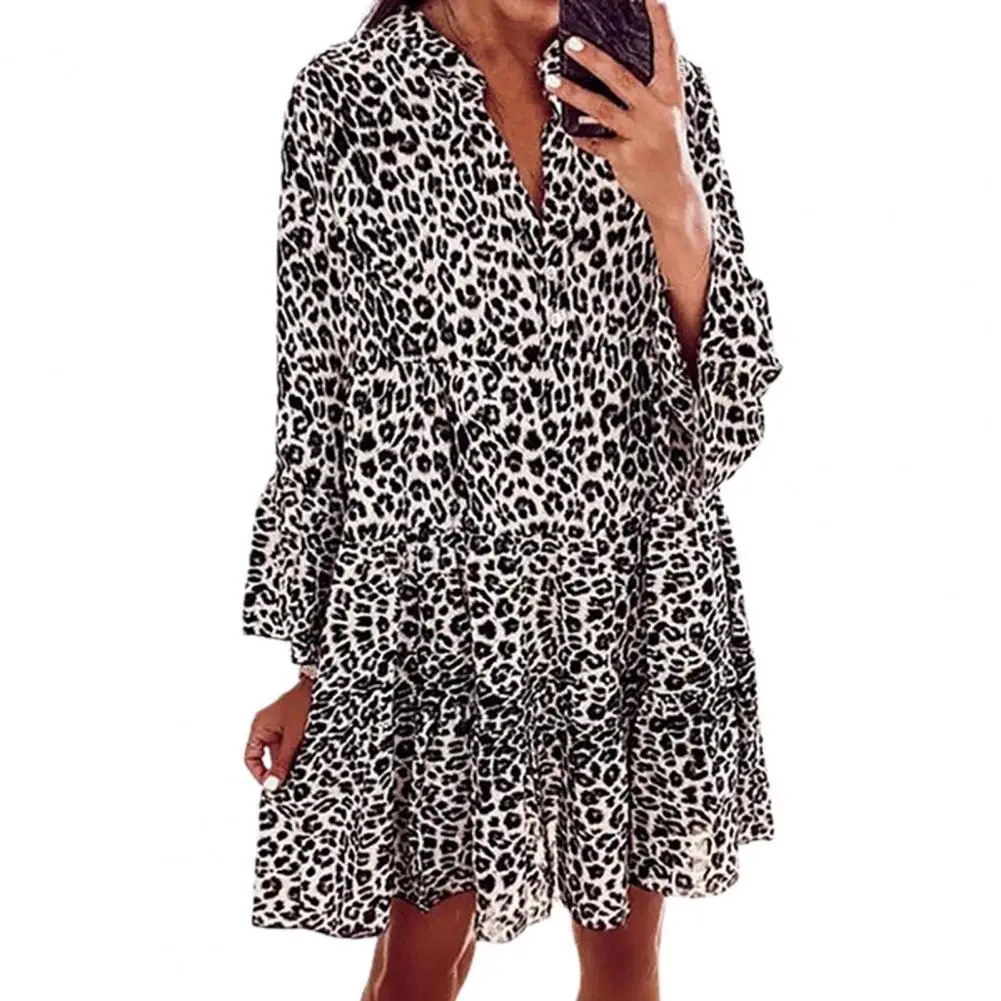 

New Autumn Women Mini Dress Leopard Floral Print Deep V Neck Puff Sleeve Swing Hem Casual A-Line Dresses Streetwear