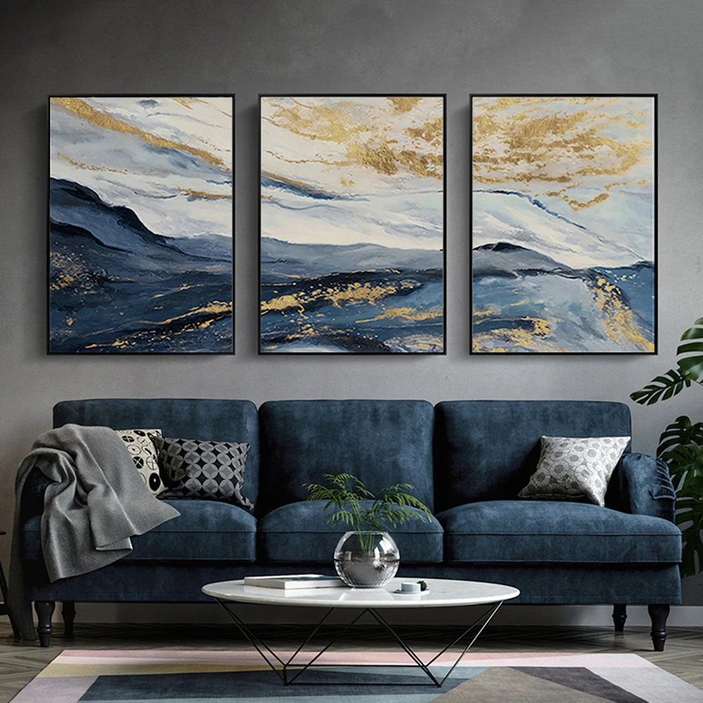

Abstract black gold mountain view oil painting poster mural printed on canvas, decorative art on the living room corridor wall