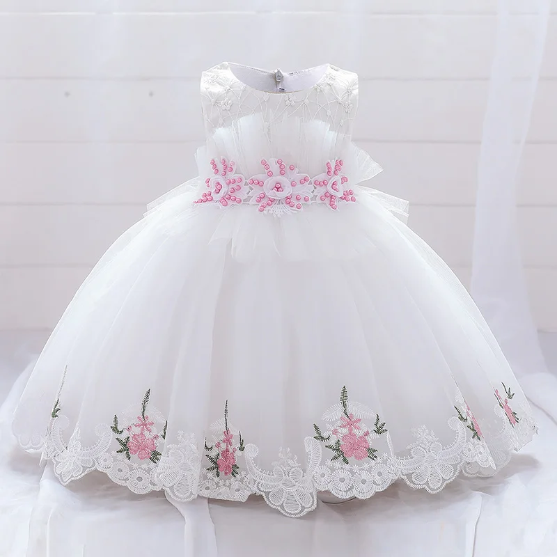 White Pink Flower Baptism First 1st Birthday Dress For Baby Girl Clothing Toddler Princess Lace Party Beads Costumes 0-5 Years