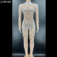 sexy pearls stones mirror mesh jumpsuit birthday celebrate evening wear female singer show see through clothes youdu