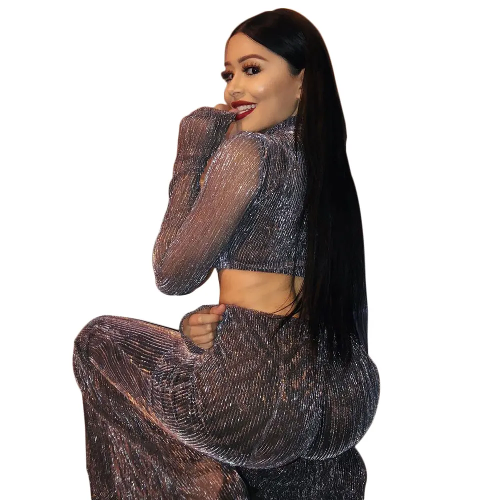 Зимний женский комплект водолазка с длинным рукавом сетчатый топ штаны костюмы