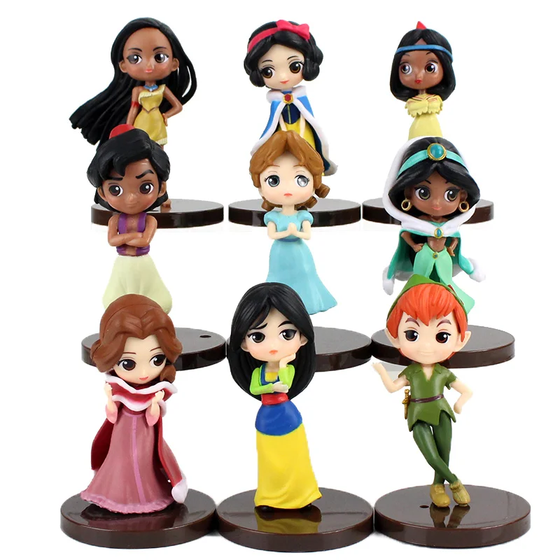 9pcs 7cm Q Posket Figure Toys Princess Snow White Mulan Cinderella Tangled Aladdin Moana Peter Pan Sleeping Beauty Model Dolls