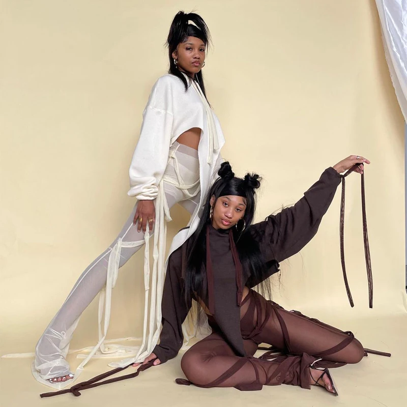 

Women Fashion Sexy Outfits Trousers 2021 High Waist Mesh See-Through Bandage Solid Pants Autumn