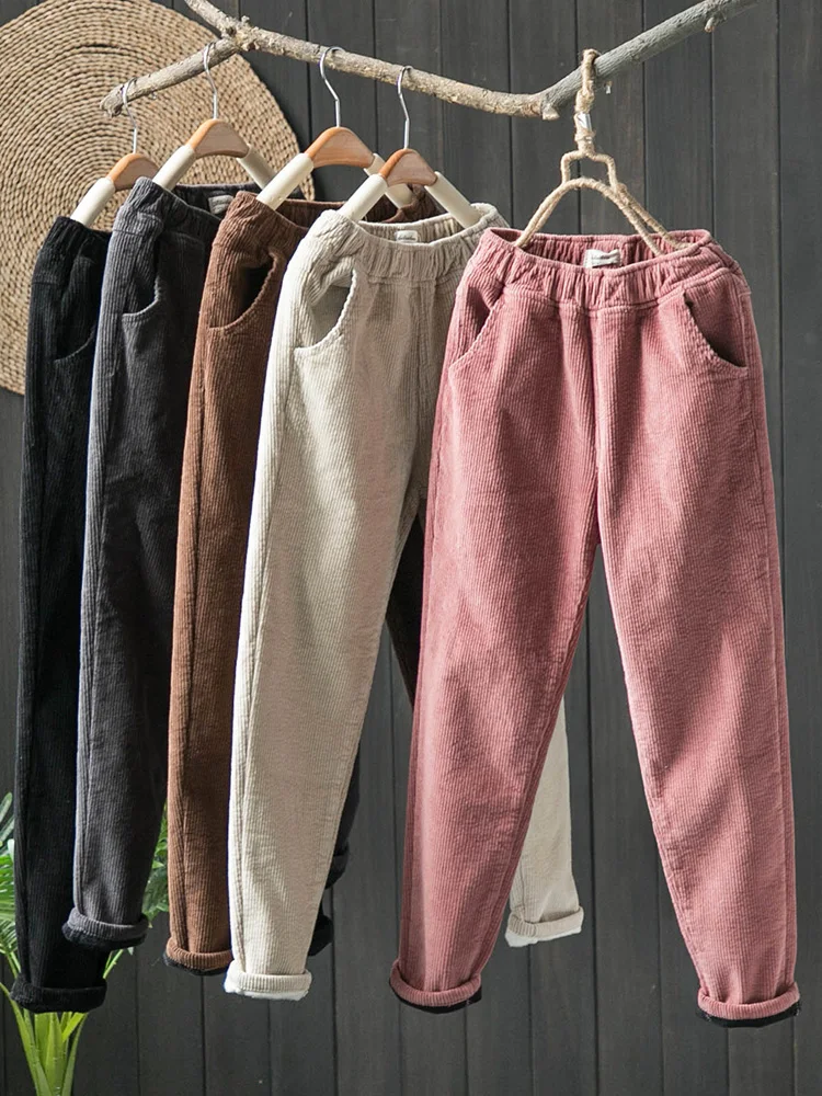 Вельветовые женские брюки с эластичной резинкой на талии осень/зима 2019 новые