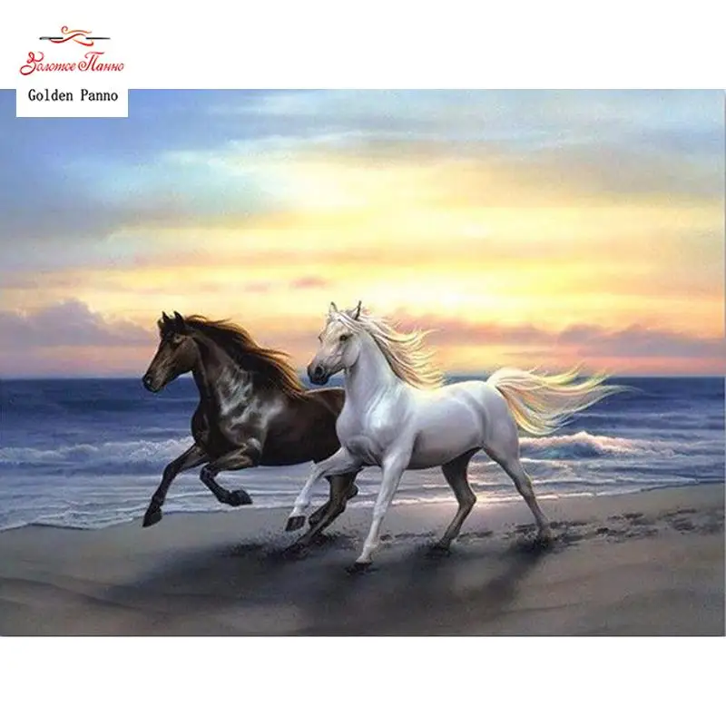 

NEW 3D Diamond Painting Cross Stitch Two Horses Beach Run Crystal square Diamond Embroidery Full Diamond Decorative