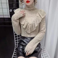 2022 new korean fashion lace bottoming shirt lotus leaf collar wearing thin pullover spring long sleeved knitted t shirt