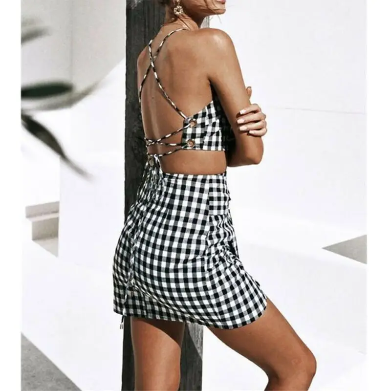 Женский клетчатый костюм из 2 предметов повседневный комплект топа без рукавов с