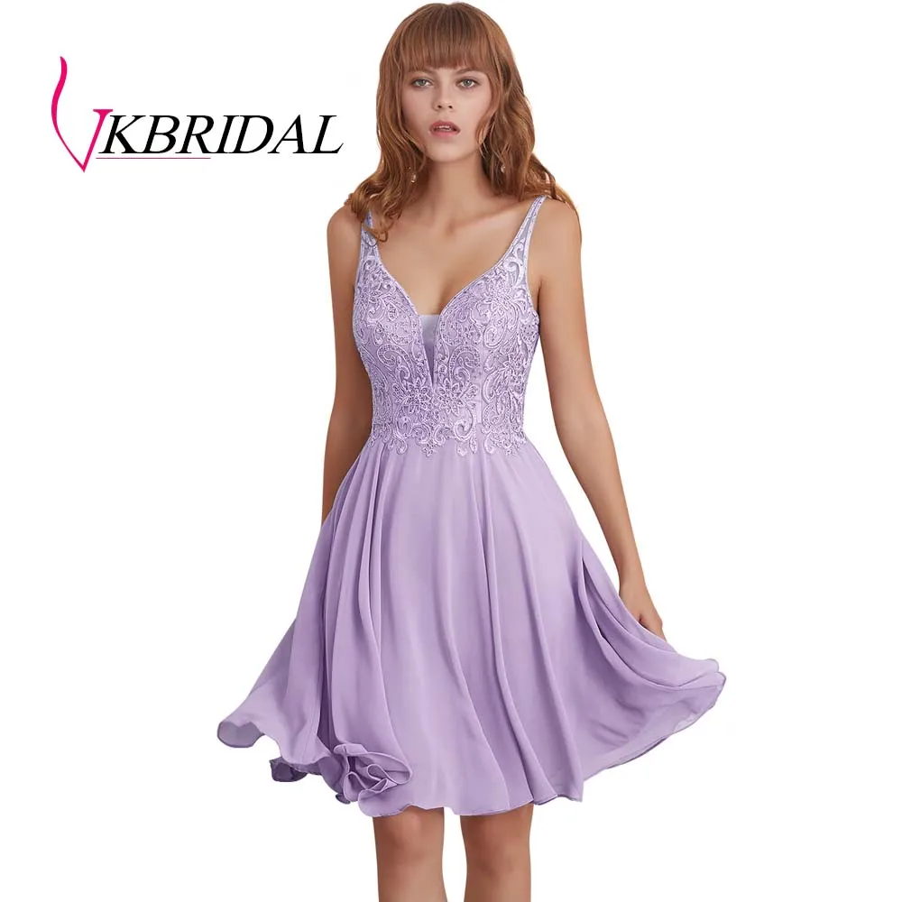 lilac VKBRIDAL сексуальные короткие платья для выпускного вечера с открытой спиной шифоновые аппликационные кружева с бисером милые платья для выпускного вечера - Цвет: lilac