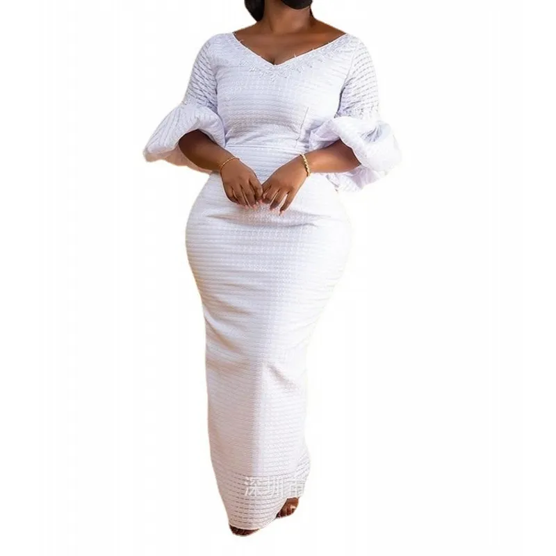 

African Maxi Dresses For Women V Neck Puff Sleeve High Waist Robes Fashion New Solid Street Style Casual African Dress Vestidos