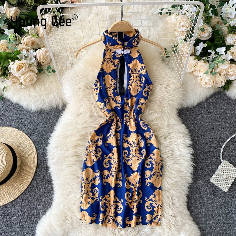 

Young Gee Chinese Supper Mini Dress Party Cheongsam Women Sexy Halter Qipao Vintage Floral Print Splite Dresses Robe Vestido