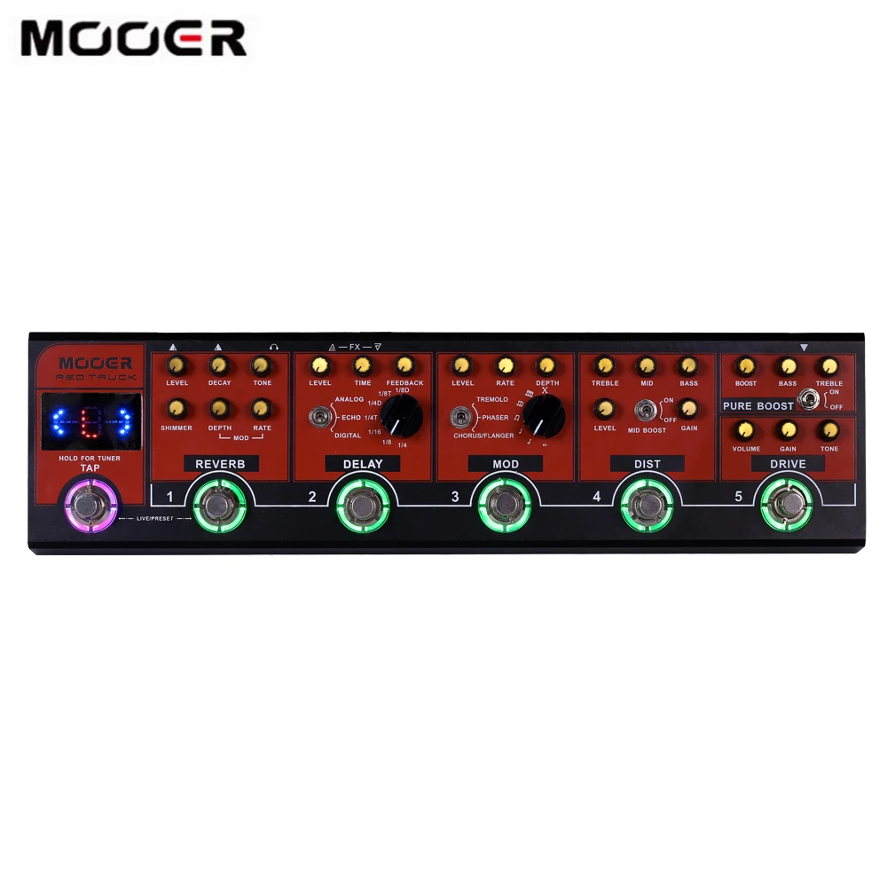 MOOER красный грузовик 6 в 1 комбинированный эффект педаль Boost+ Overdrive+ искажения+ модуляции+ задержка+ реверберации Встроенный тюнер с сумкой в комплекте