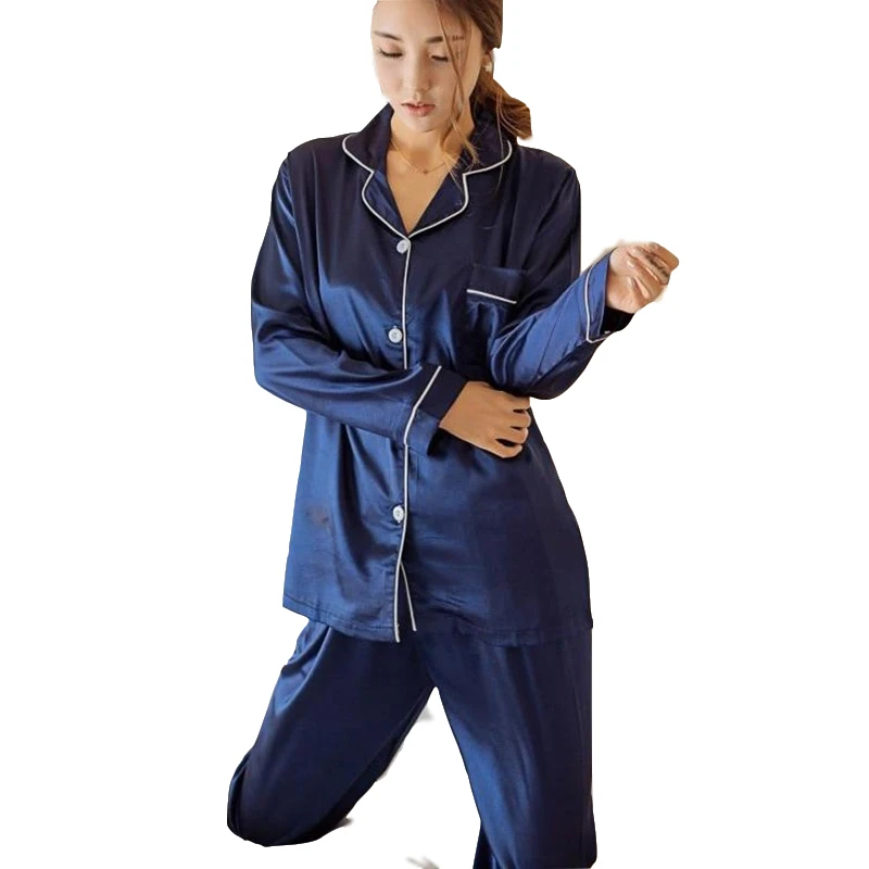 

Bathrobe nightie Silk Satin Button Solid Women's Pajamas Set 2019 Autumn Long Sleeve Turn Down Collar Two Piece Women Trousers