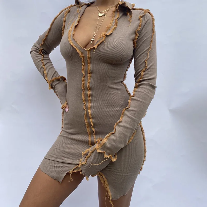 

Sexy Women Mini Dress Knit Ribbed Turn Down Collar High Streetwear Autumn Clothes For Women