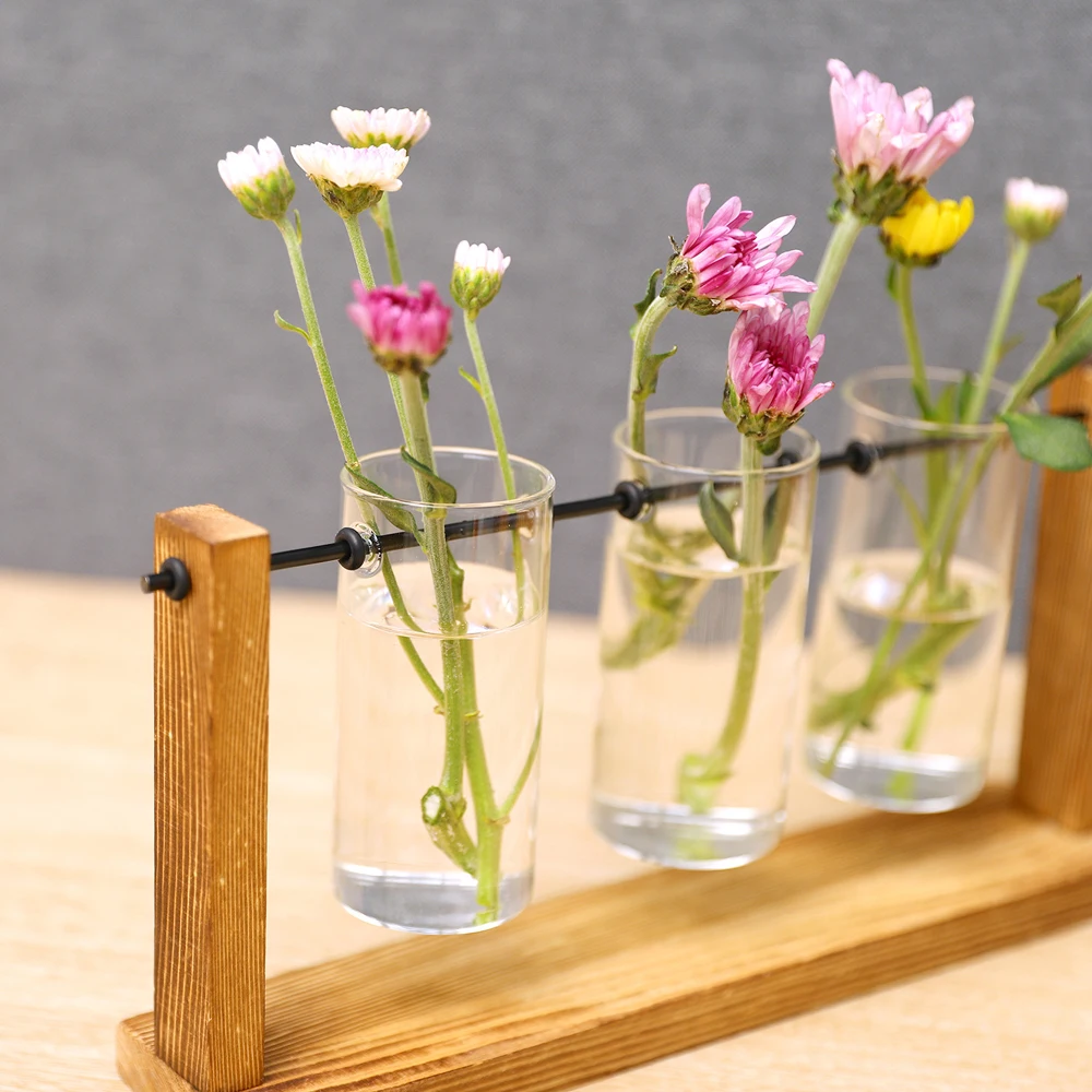 Terrarium Creative Hydroponic Plant Transparent Vases Flower Pot Wooden Frame Glass Desk Plant Home Bonsai Decorations