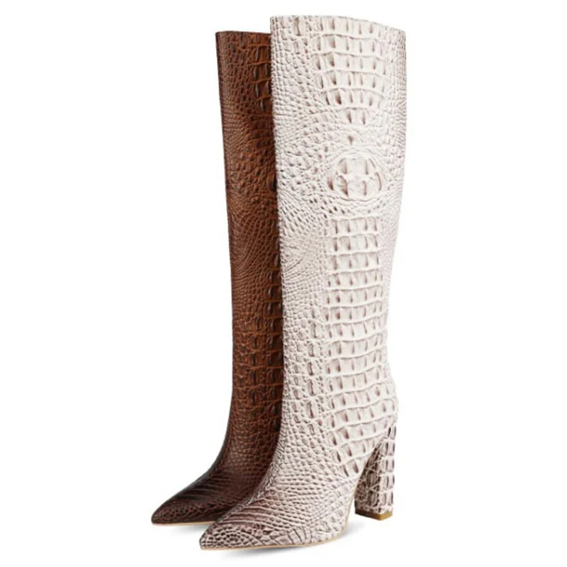 Crocodile Embossed PU Knee-High Boots Women Pointed Toe Slip-On Super High Heels Shoes Luxury Fashion Zapatos De Mujer | Обувь