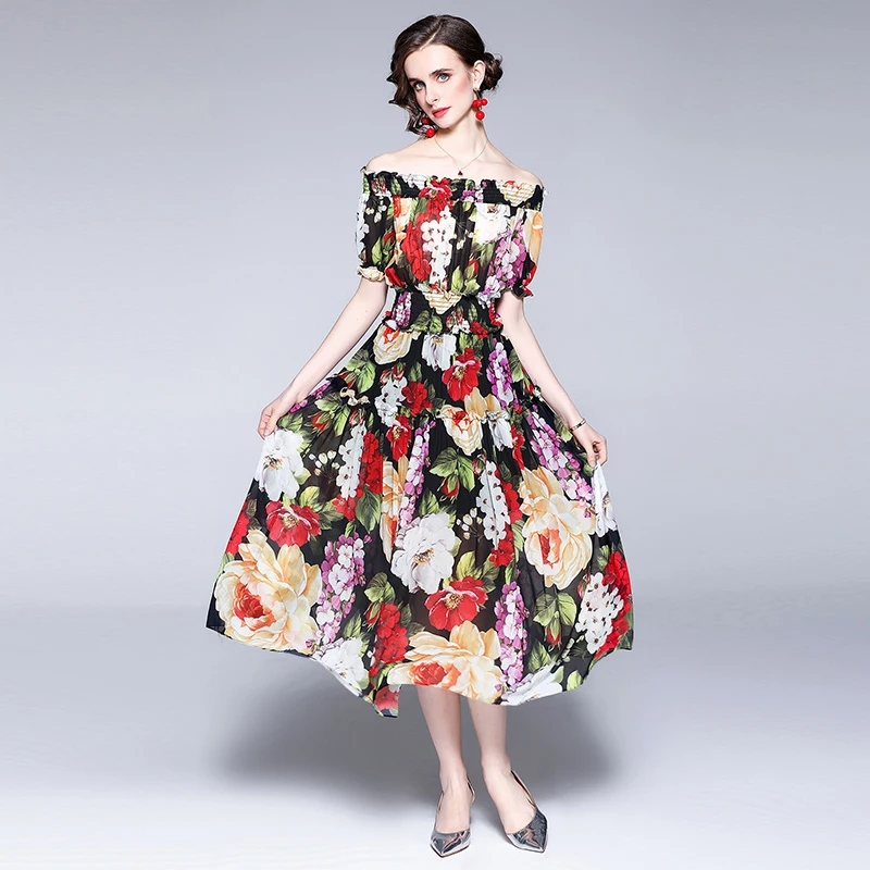 

Women's Summer Prom Dress Hong Kong Style Retro Stretch One-Neck Printed Puff Sleeve Dress New Waist Female Slim Dresses X014