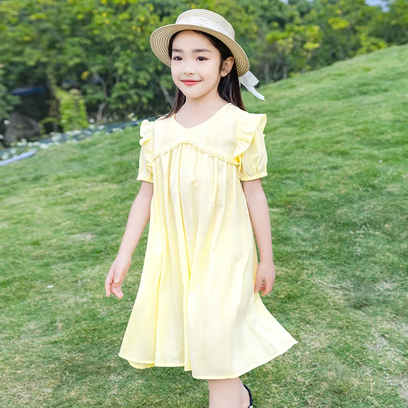 

2021 New Striped Kids Dresses Girl Princess Dress For Girls Casual Summer Short Sleeve Party Dress Cute Teenager Clothes Yellow