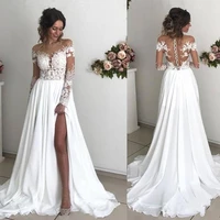 cheap new design bohemia white lace chiffon summer illusion beach wedding dresses bridal gowns with high slit