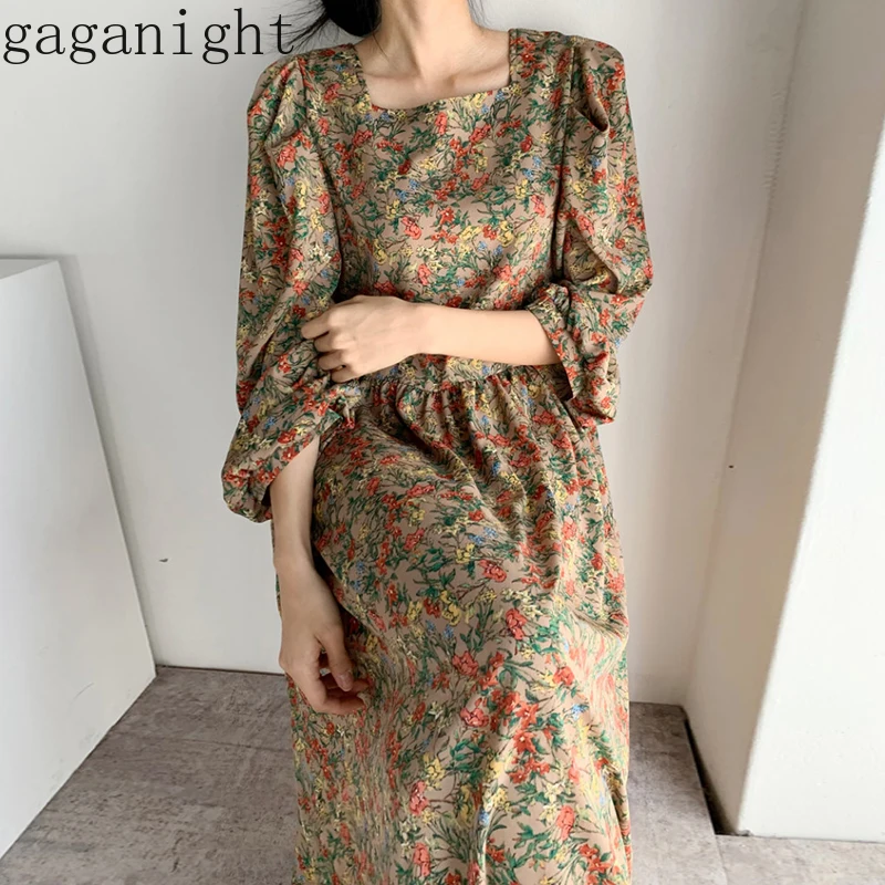 Gaganight цветочное винтажное женское платье макси фонарь с длинным рукавом
