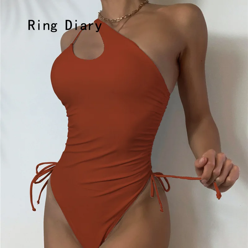 

Rings Diary Western Style Irregular One Shoulder Women's Swimsuit Conjoined Sandbeach Holiday One-Piece Solid Color Swimwear