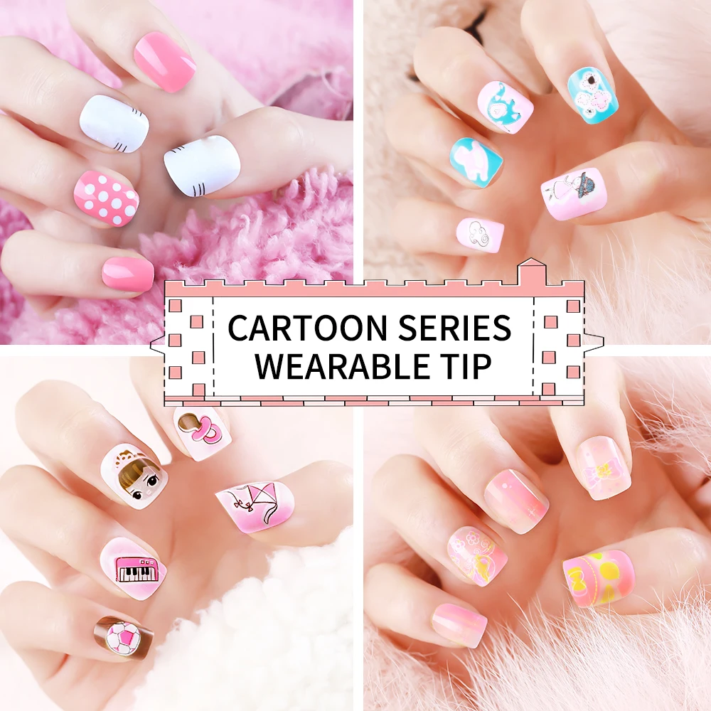 24 шт. накладные Типсы для детей Мультяшные розовые ногти маленьких девочек 9