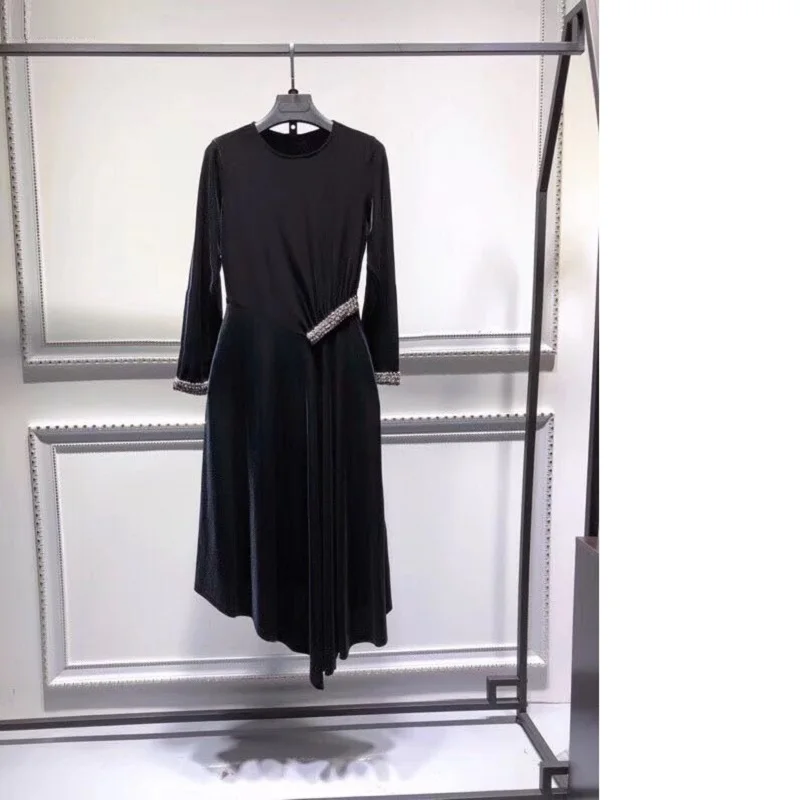

Quality New Top 2021 Spring Autumn Party Vestidos De Festa Women O-Neck Diamond Beading 3/4 Sleeve Asymmetrical Dress Velvet